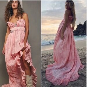 LoveShackFancy Pink Maxi Rhinestone Dress with Ruffled Tiered Skirt